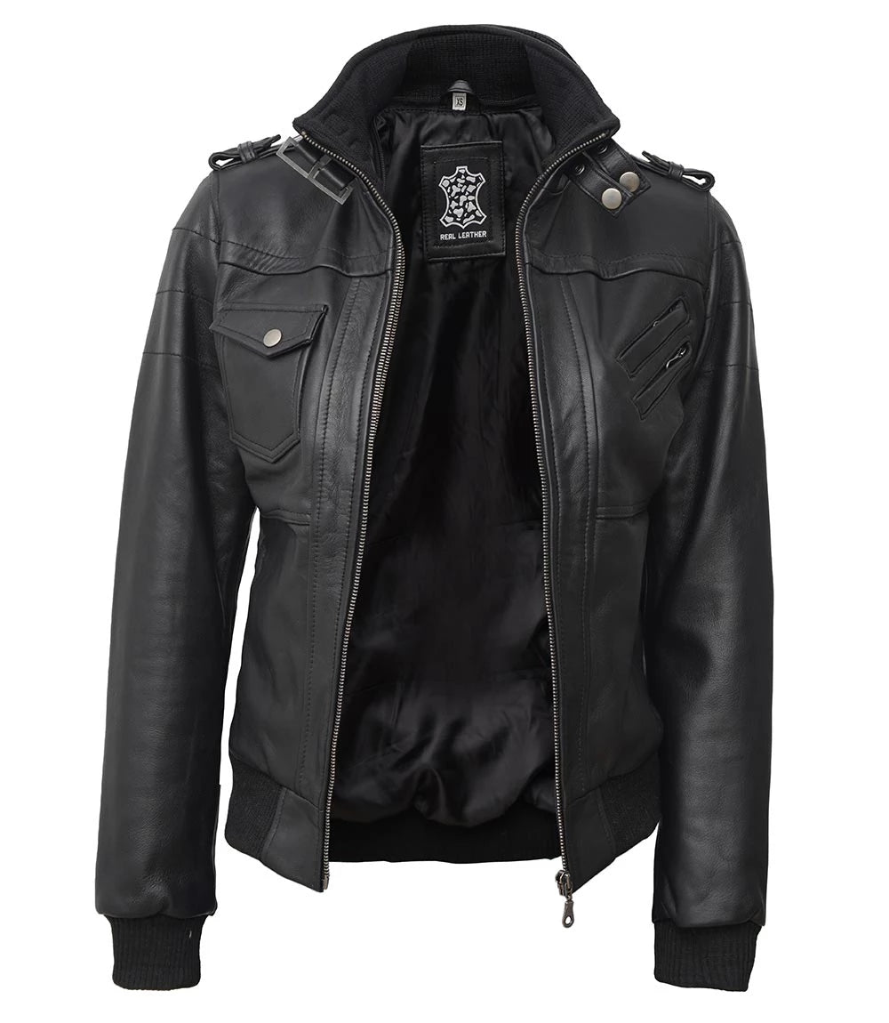 Womens Black Hooded Bomber Leather Jacket With Removable Hood women's black leather jacket, hooded bomber leather jacket, bomber jacket with removable hood, premium leather jacket for women, stylish women's leather jacket, high-quality leather outerwear, versatile leather jacket for women, modern bomber jacket, durable women's leather jacket, elegant black leather jacket