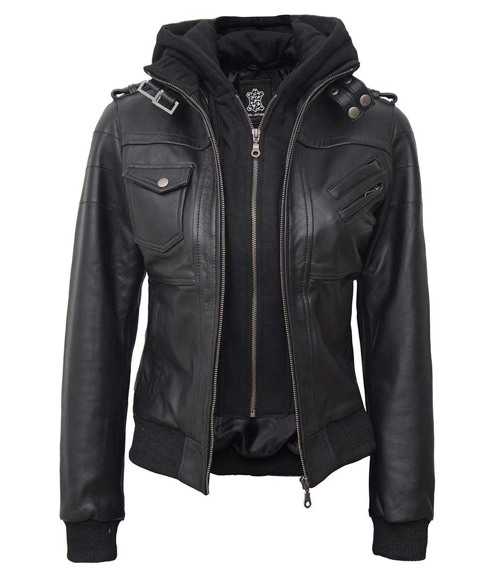 Womens Black Hooded Bomber Leather Jacket With Removable Hood women's black leather jacket, hooded bomber leather jacket, bomber jacket with removable hood, premium leather jacket for women, stylish women's leather jacket, high-quality leather outerwear, versatile leather jacket for women, modern bomber jacket, durable women's leather jacket, elegant black leather jacket