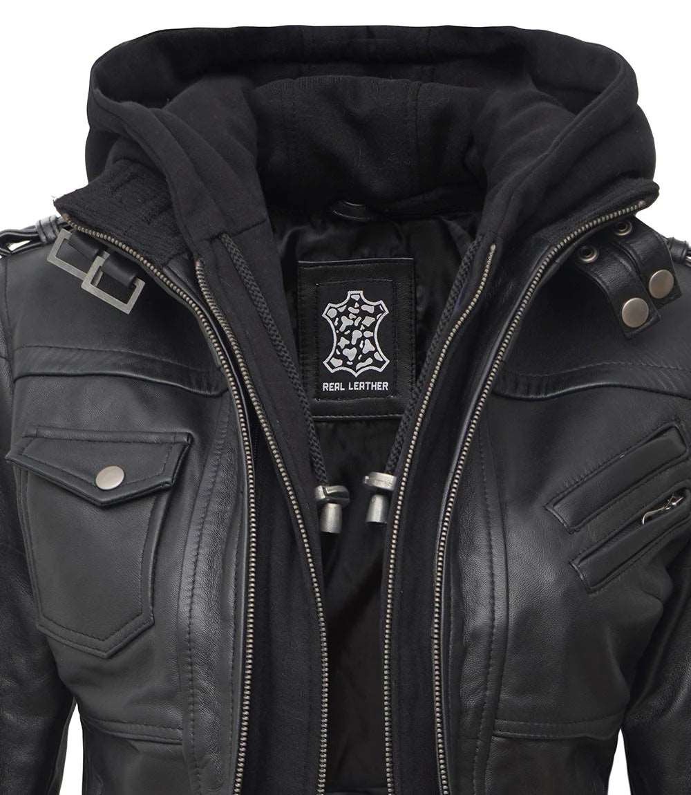 Womens Black Hooded Bomber Leather Jacket With Removable Hood women's black leather jacket, hooded bomber leather jacket, bomber jacket with removable hood, premium leather jacket for women, stylish women's leather jacket, high-quality leather outerwear, versatile leather jacket for women, modern bomber jacket, durable women's leather jacket, elegant black leather jacket