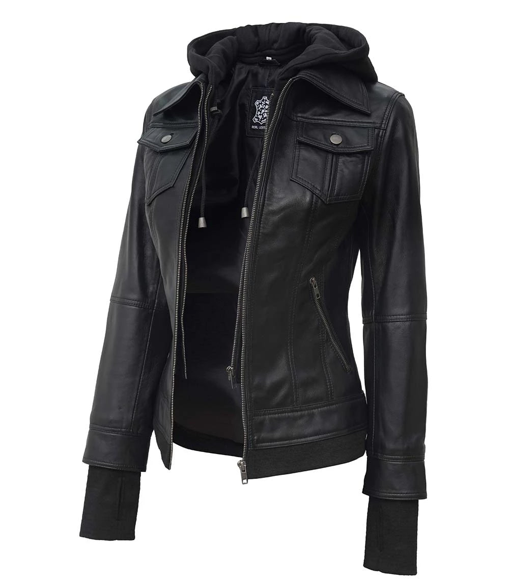 Womens Black Hooded Leather Jacket With Removable Hood women's hooded leather jacket, black leather jacket with removable hood, stylish women's leather jacket, versatile leather jacket, high-quality women's jacket, modern leather jacket, elegant women's jacket, practical leather jacket, women's outerwear, durable leather jacket