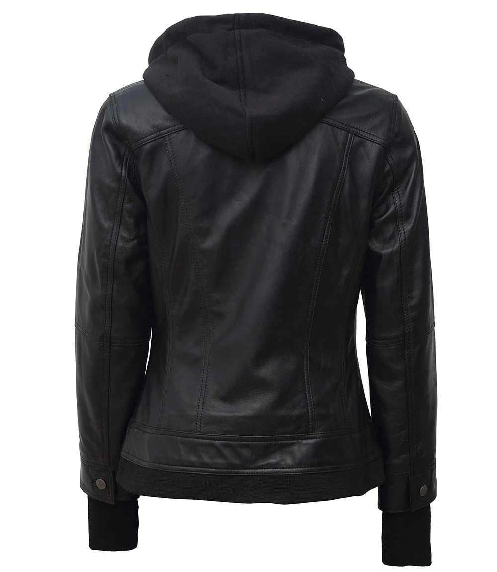 Womens Black Hooded Leather Jacket With Removable Hood women's hooded leather jacket, black leather jacket with removable hood, stylish women's leather jacket, versatile leather jacket, high-quality women's jacket, modern leather jacket, elegant women's jacket, practical leather jacket, women's outerwear, durable leather jacket