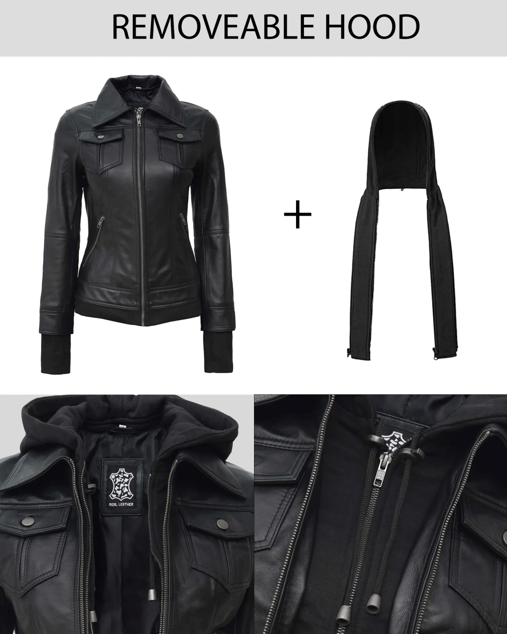 Womens Black Hooded Leather Jacket With Removable Hood women's hooded leather jacket, black leather jacket with removable hood, stylish women's leather jacket, versatile leather jacket, high-quality women's jacket, modern leather jacket, elegant women's jacket, practical leather jacket, women's outerwear, durable leather jacket