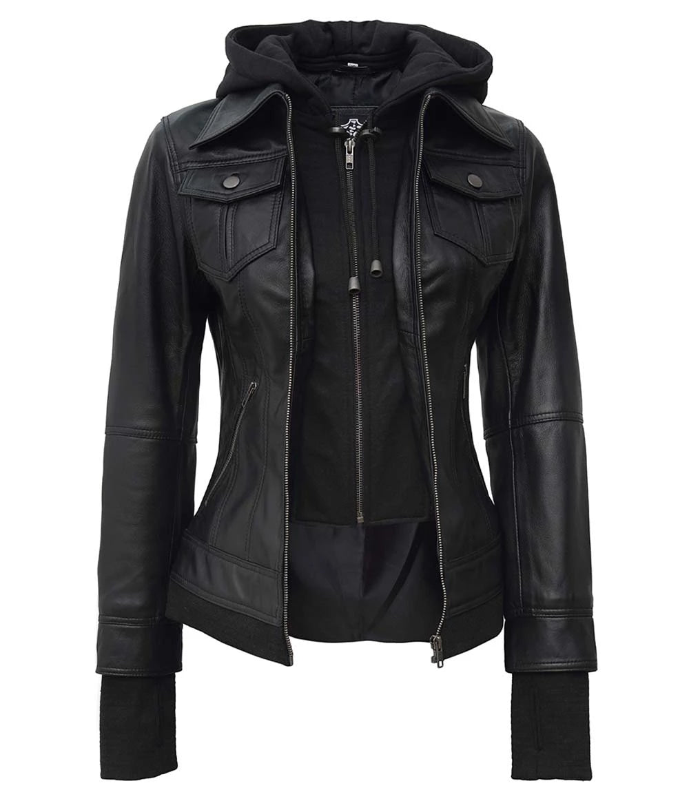 Womens Black Hooded Leather Jacket With Removable Hood women's hooded leather jacket, black leather jacket with removable hood, stylish women's leather jacket, versatile leather jacket, high-quality women's jacket, modern leather jacket, elegant women's jacket, practical leather jacket, women's outerwear, durable leather jacket