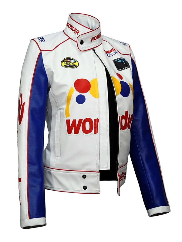 Women's Ricky Bobby leather jacket Ricky Bobby jacket for women Wonder Bread jacket Talladega Nights jacket Women's Wonder Bread leather jacket Ricky Bobby cosplay jacket Racing leather jacket for women Ricky Bobby costume jacket White leather jacket with logos Women's movie-themed leather jacket Talladega Nights women's jacket Ricky Bobby Wonder Bread jacket Women's racing jacket Genuine leather movie jacket Women's faux leather jacket PU leather jacket for women Faux leather material jacket Faux leather b