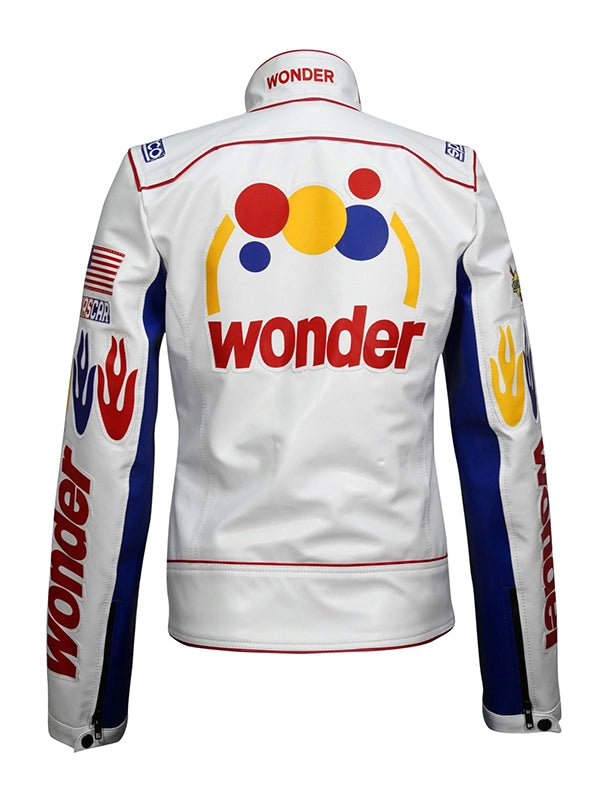 Women's Ricky Bobby leather jacket Ricky Bobby jacket for women Wonder Bread jacket Talladega Nights jacket Women's Wonder Bread leather jacket Ricky Bobby cosplay jacket Racing leather jacket for women Ricky Bobby costume jacket White leather jacket with logos Women's movie-themed leather jacket Talladega Nights women's jacket Ricky Bobby Wonder Bread jacket Women's racing jacket Genuine leather movie jacket Women's faux leather jacket PU leather jacket for women Faux leather material jacket Faux leather b