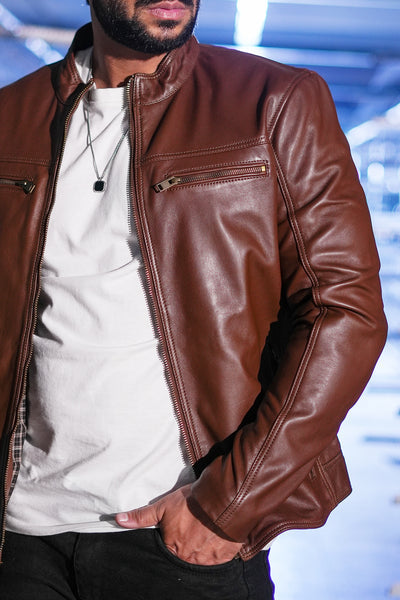 Latest Style Men Outdoor Genuine Lambskin Real Leather Jacket Dark Tan Coat - Tonybon